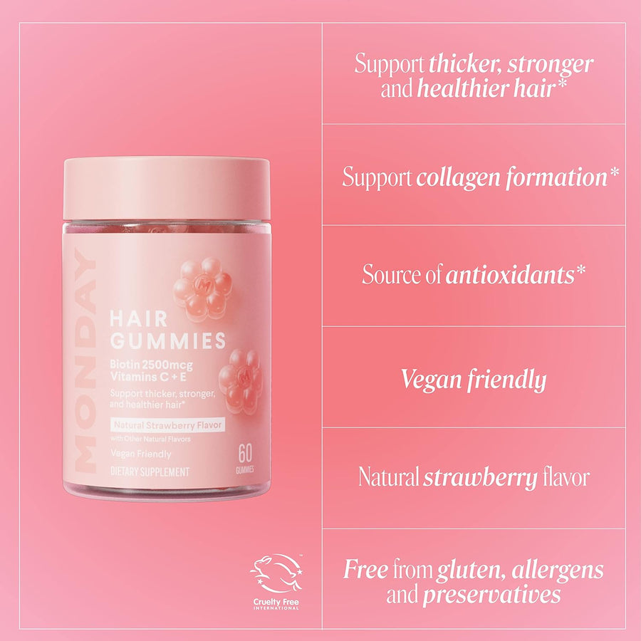 MONDAY HAIRCARE Hair Gummies - met aardbeiensmaak - biotine, vitamine C, E, 60stuks